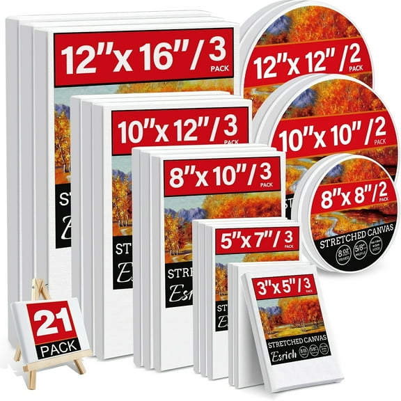 Stretch Canvas, Multi-Piece Set 11X14, 9X12, 8X10, 5X7, 4X4, 10pcs, Primed White - 100% Cotton Artist Canvas Boards, Suitable for Painting, Acrylic Pouring, Oil Painting Wet And Dry Art Mediums