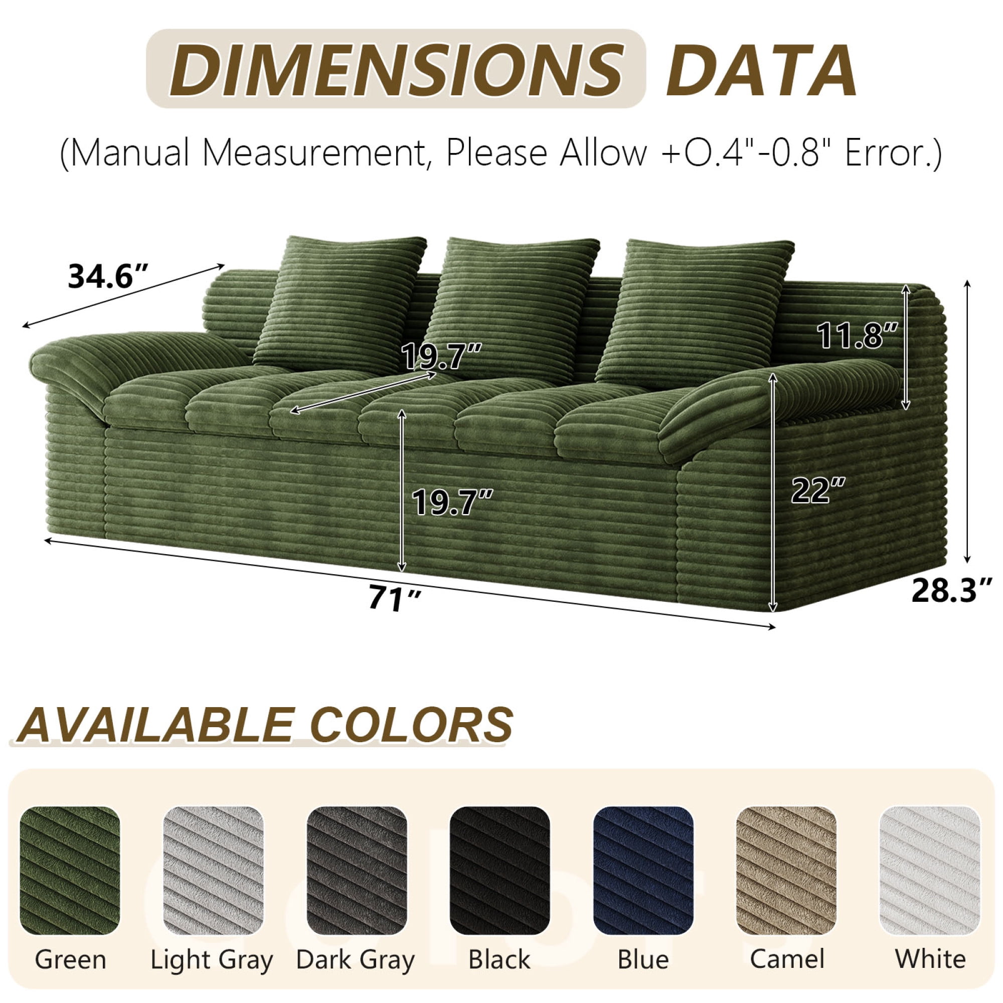 Leumius 3 Seater Boneless Couch for Living Room, Upholstered Corduroy Fabric Loveseat Couch with Deep Seats,Cloud Sofa for Living Room,No Assembly Required,Antique Green