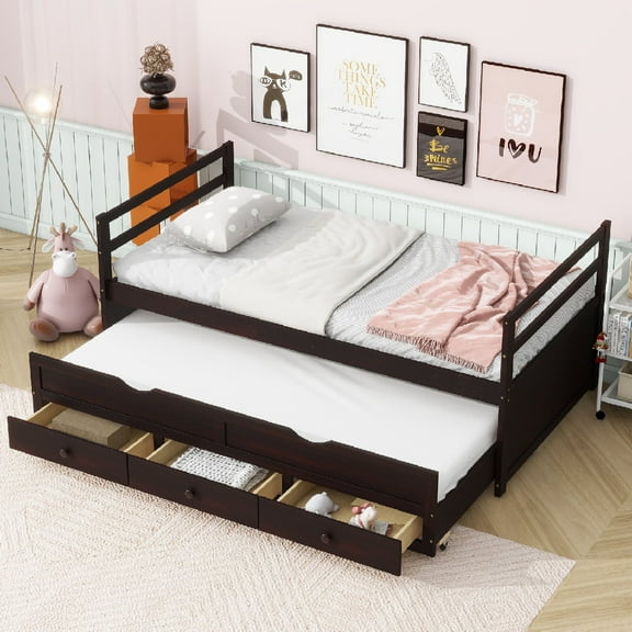 Twin Size Bed Frame with 3 Storage Drawers and Trundle, Pine Wood Bed with Headboard and Footboard, Twin Size Solid Wood Capitan Single Bedframe for Bedroom, No Box Spring Needed, Espresso