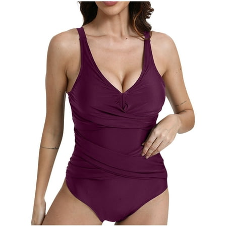 UTSJKR Deals Women One Piece Swimsuit Tummy Control Ruched Bathing Suit limming Criss Cross Push Up V Neck Swimwear Wine S