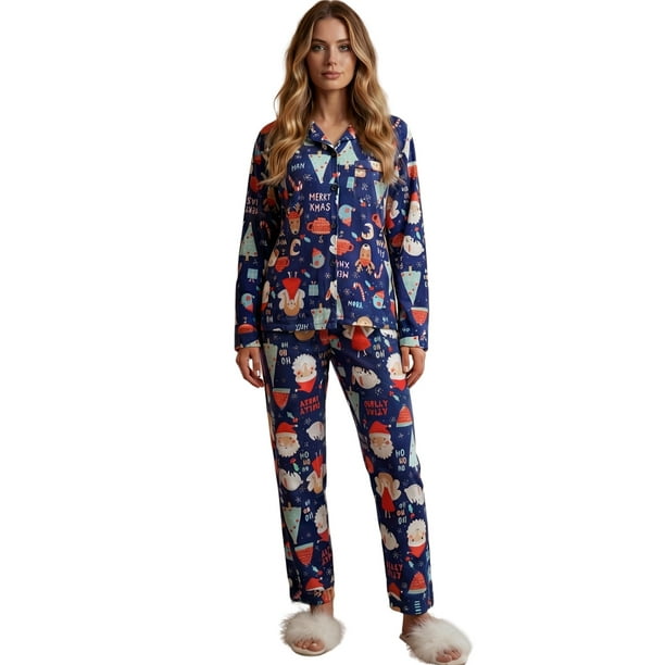 Pijama Navideña para Mujer con Botones Tela Suave y Elástica, Conjunto de pijama de invierno