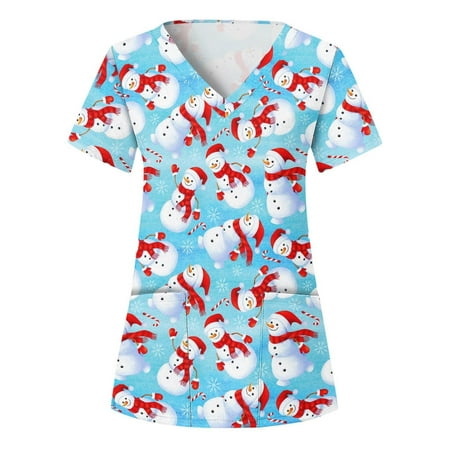 

OVTICZA Christmas Scrub_top for Women Short Sleeve V-Neck Print Working Uniforms Xmas Holiday Tops Shirt Blue S