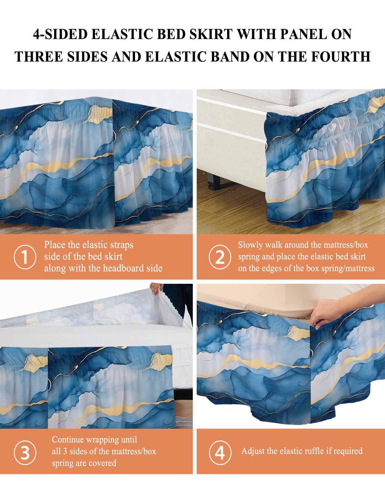 Blue Marble Wrap Around Bed Skirts for Queen Bed 16" Drop, Bed Skirt with Adjustable Elastic Belt Dust Ruffle Bed Valance for Bedroom Hotel Luxury Modern Abstract Ink Painting Bed Frame Cover