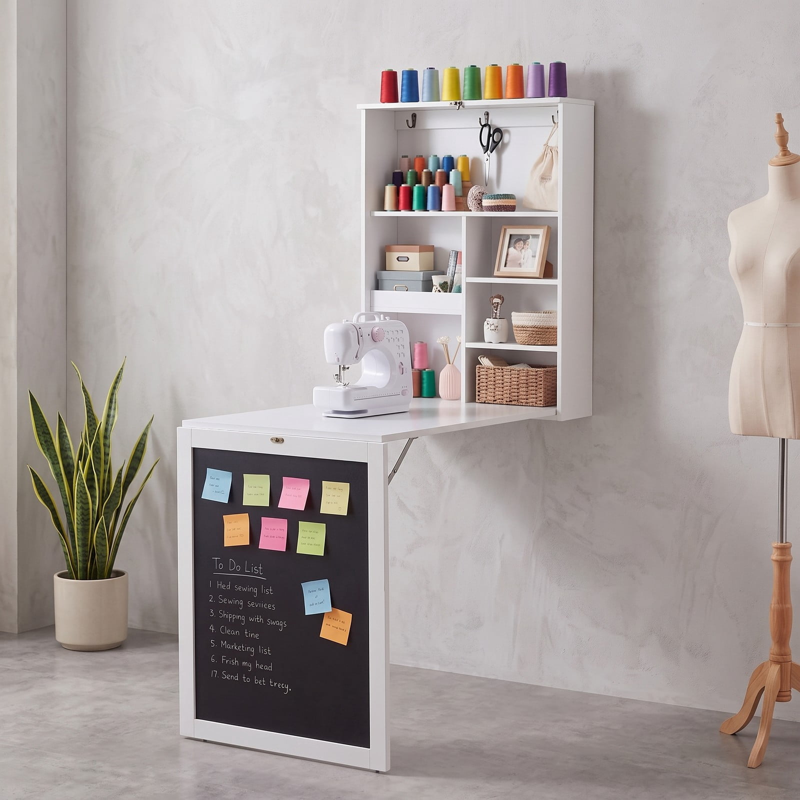 Furnibear Convertible Wall Mounted Folding Table with Chalkboard, Space Saving Fold Down Wall Desk with 6 Storage Cubes and 3 Hooks for Kids Study Home Office, White