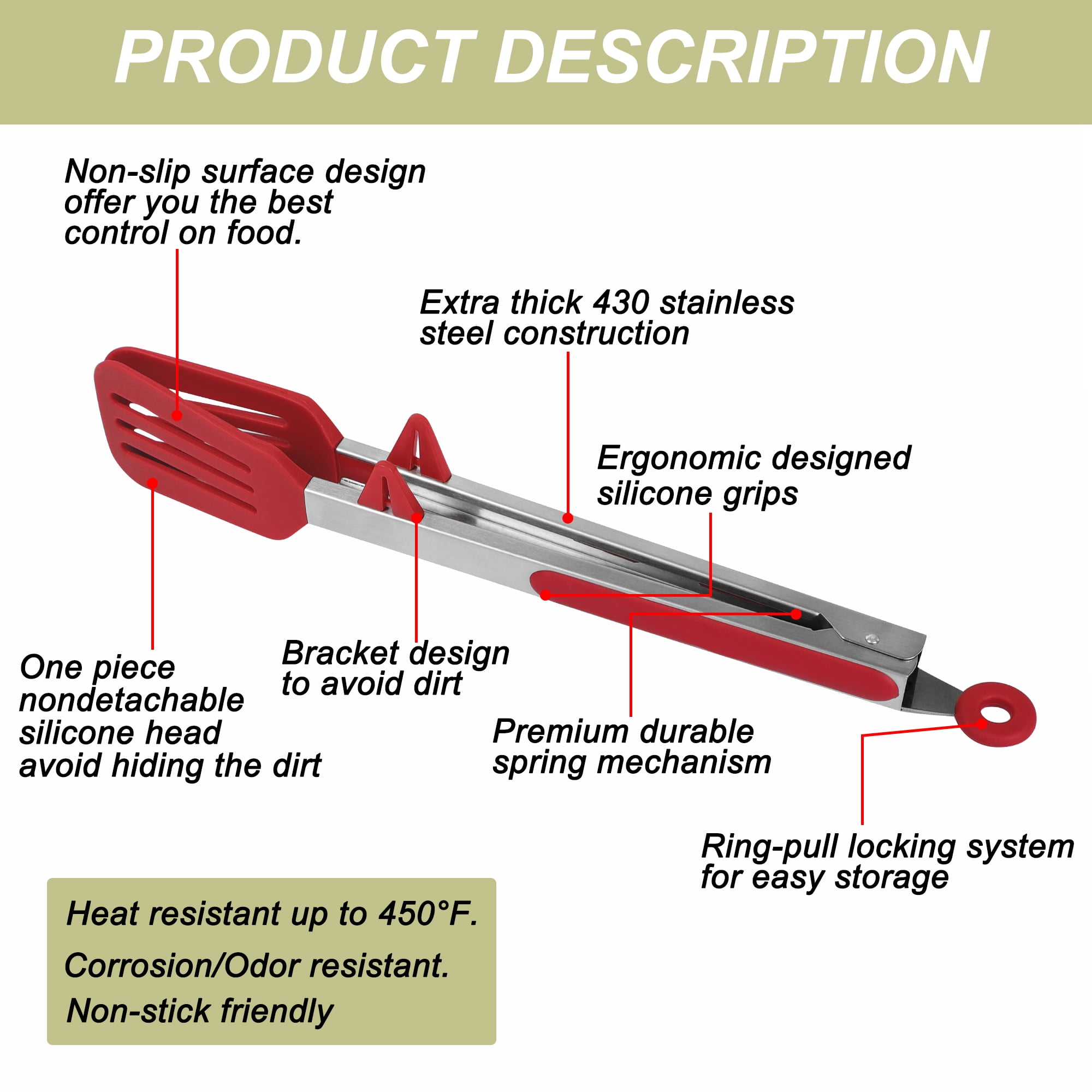 Unique Bargains Stainless Steel Silicone Kitchen Tongs for Barbeque, Cooking, Red, 12"