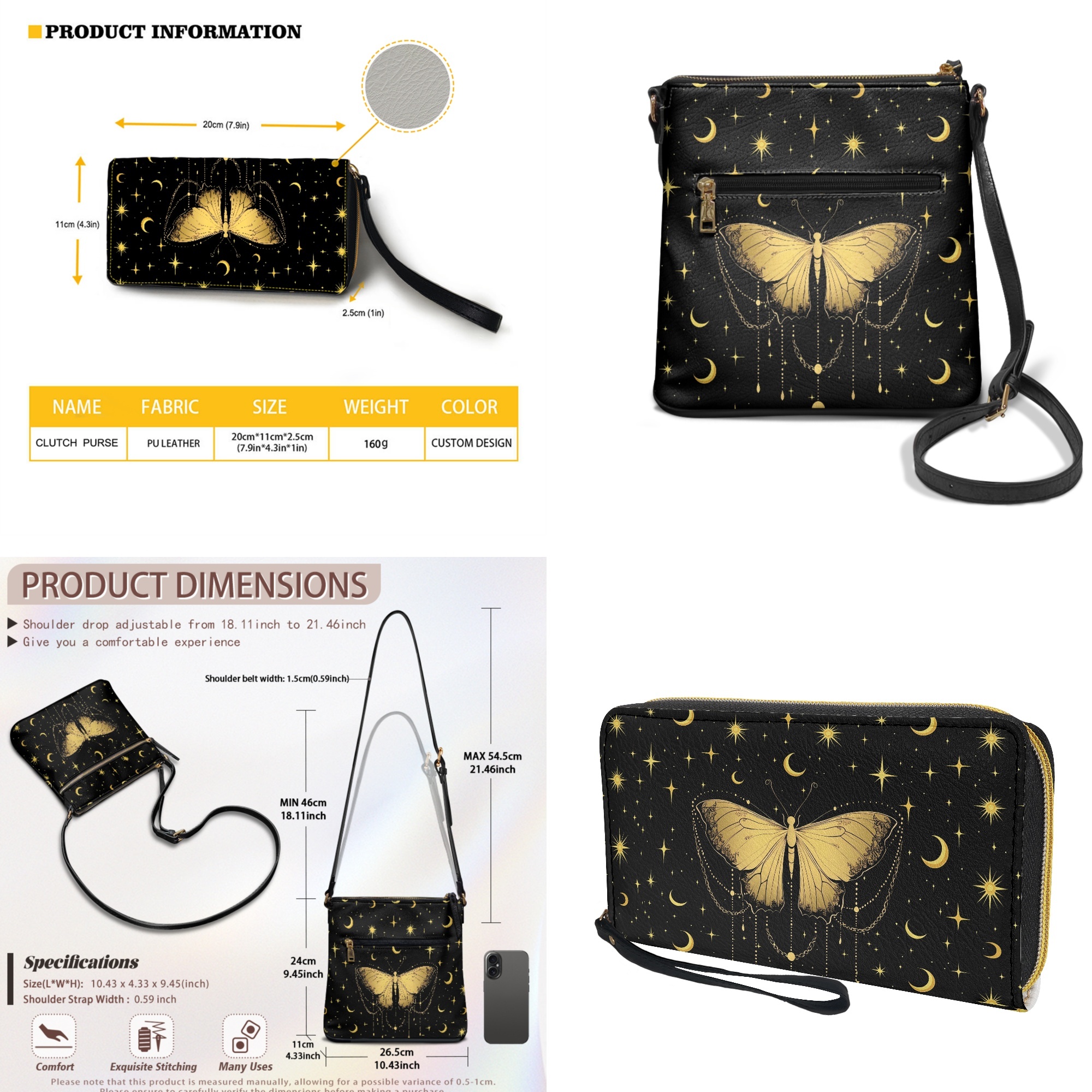 ZUXONGSY Butterfly Moon Galaxy Print Women's Large PU Leather Crossbody Bag & Wallet Set, Satchel with Multi-Pocket Design, Adjustable Strap for Travel & Work