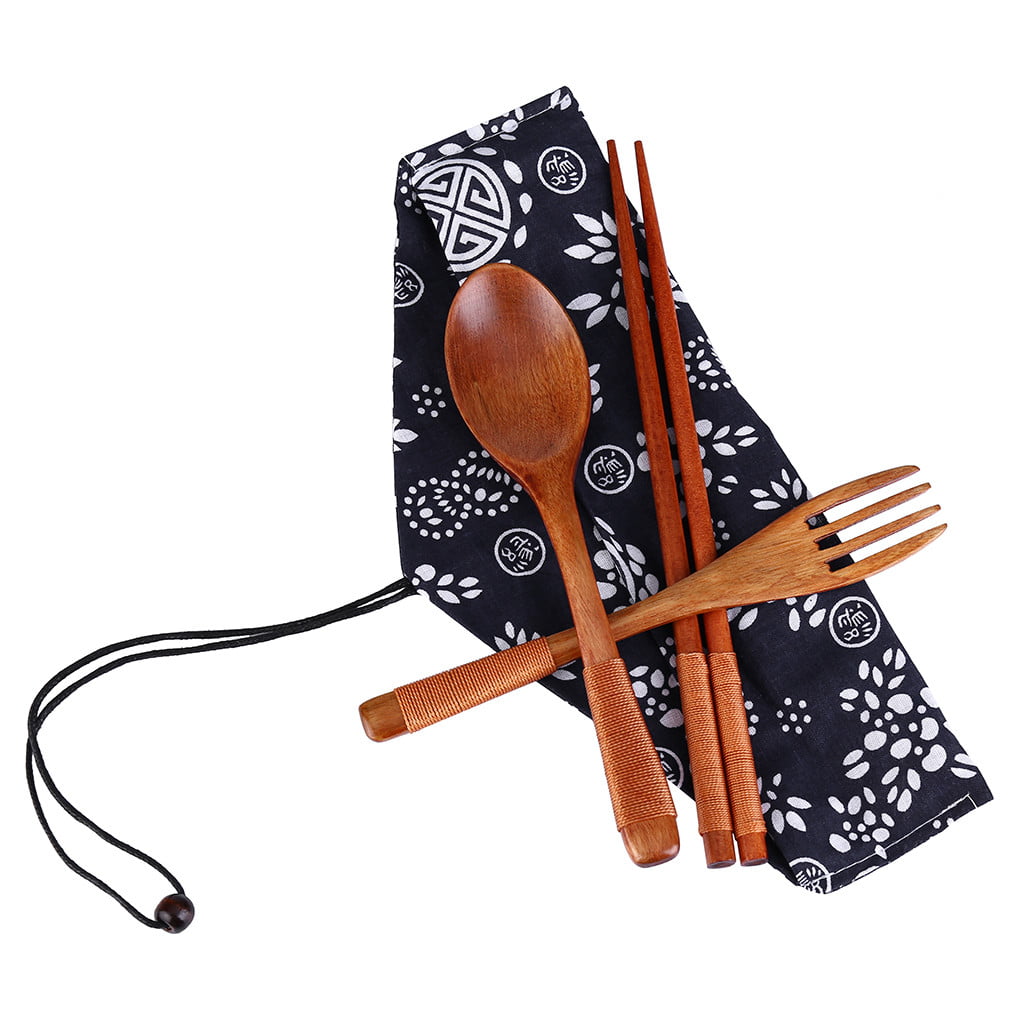 Japanese Vintage Wooden Chopsticks Spoon Fork Tableware 3pcs Set New Gift 