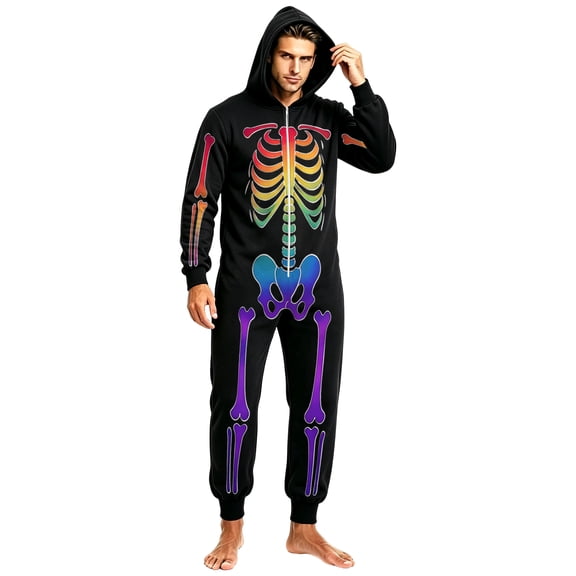 GrmtClth Halloween Skeleton Onesie Family Long Sleeve Zip Front Hooded Bone Print Spooky Night Cosplay Jumpsuits L