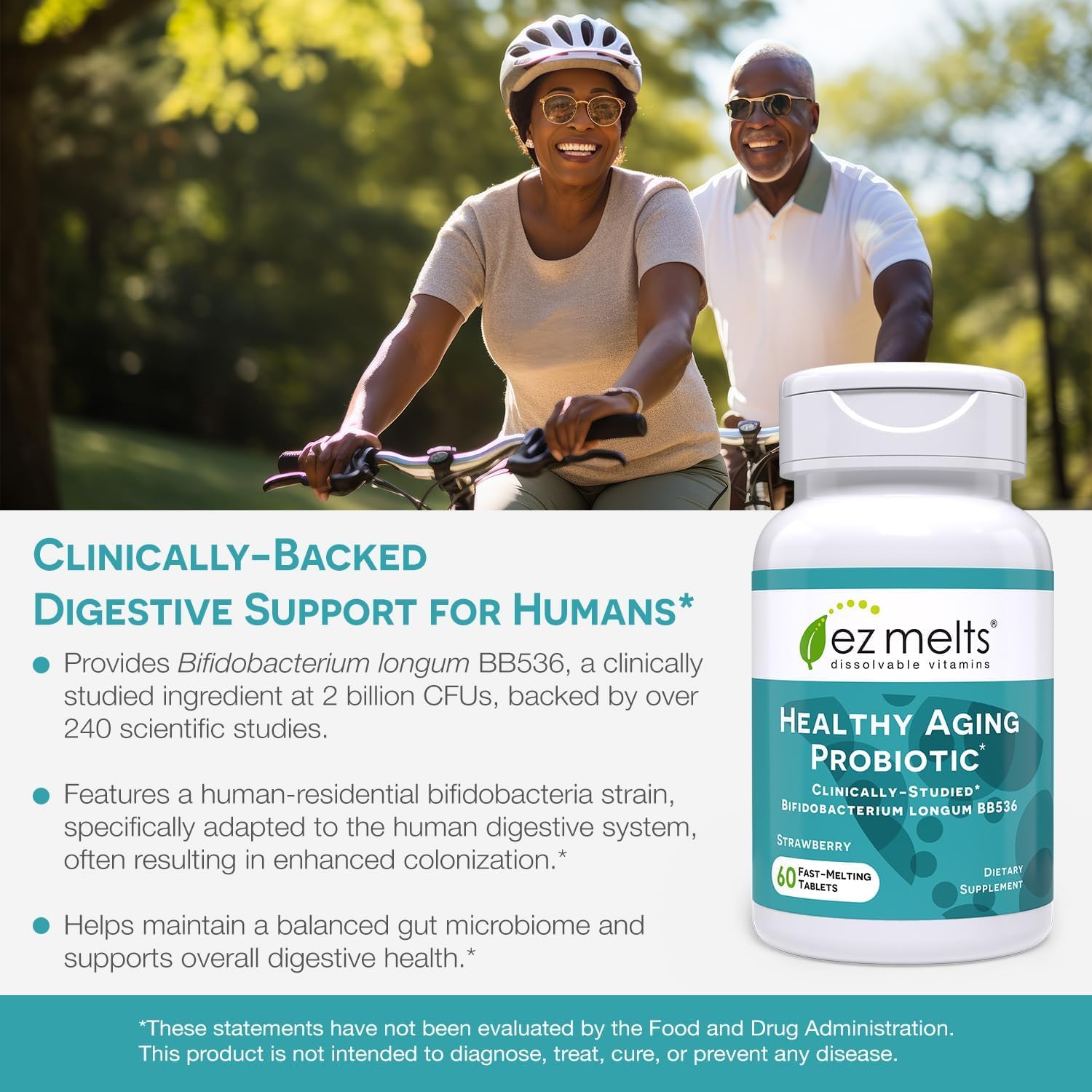 EZ Melts Dissolvable Healthy Aging Probiotic, Bifidobacterium Longum BB536 (2 Billion CFU), Sugar-Free, Probiotics for Women & Men 50+, 2-Month Supply - 2 Pack