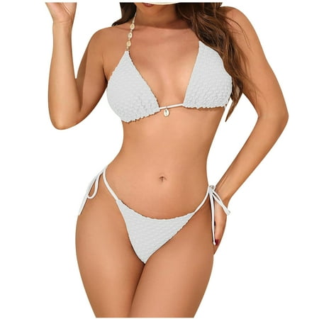UTSJKR Savings Women Halter String Bikini Set Sexy Swimwear Thong Cheeky Two Piece Swimsuits Summer Beach Solid Triangle Bathing White XL