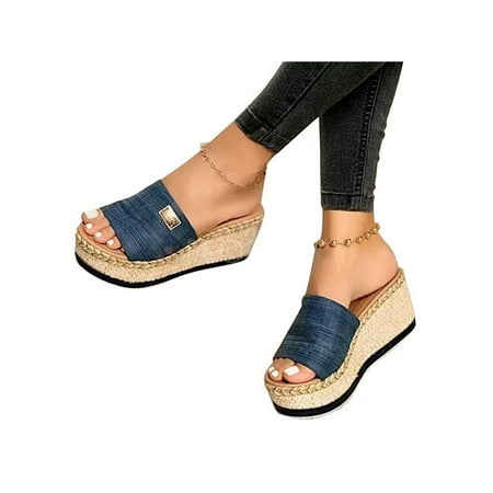

Bellella Womens Wedges Sandals Espadrilles Platform Sandals Summer Beach Slip On Shoes Blue Size 7