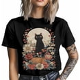 thumbnail image 4 of Camisetas para hombre con estampado de gato negro, calabaza y flores, de manga corta, informales, con gráficos para adolescentes, niños y hombres., 4 of 8