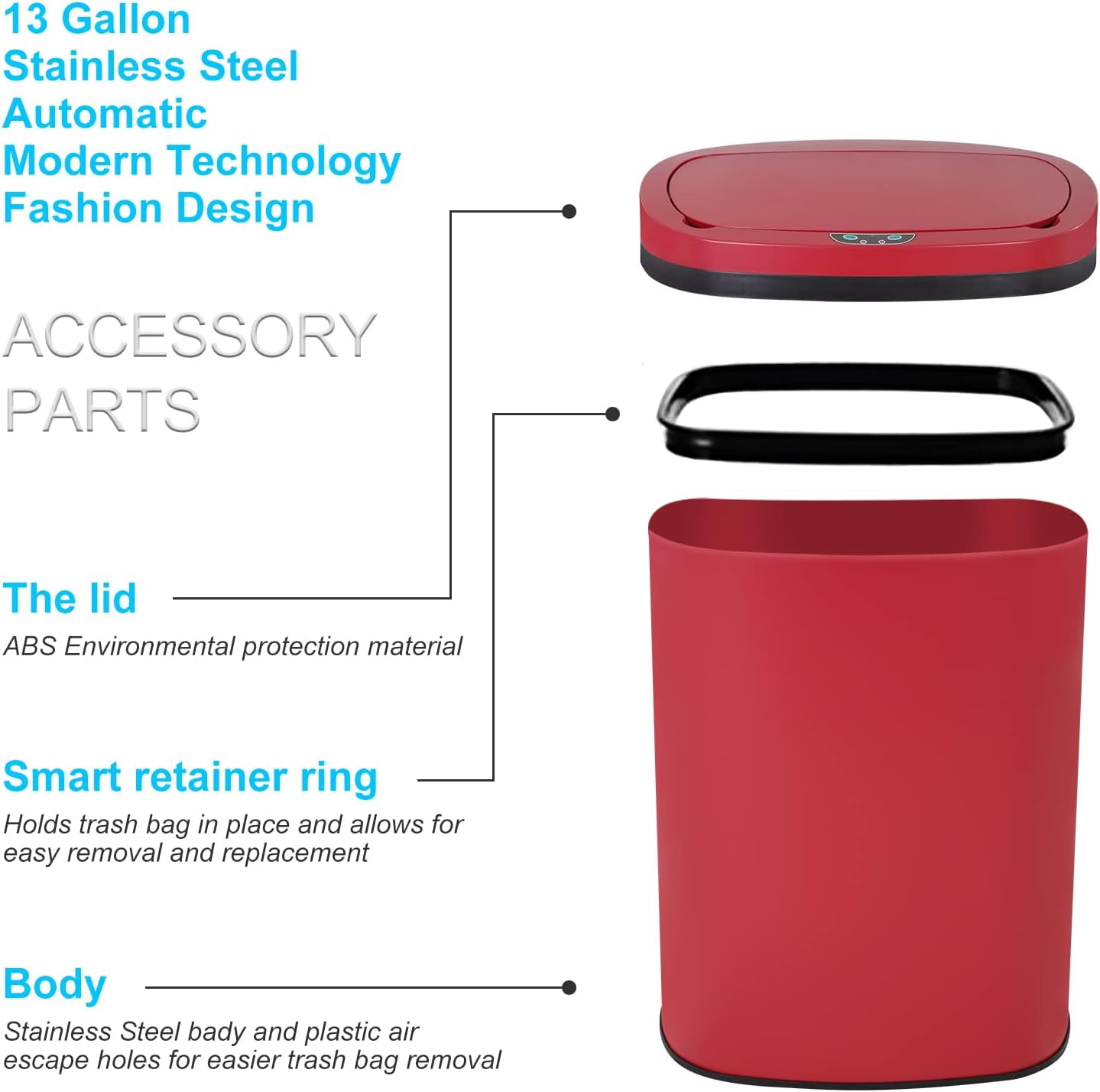 BIQWBIC 13 Gallon Automatic Trash Can, Touchless Stainless Steel Kitchen Garbage Can, Red