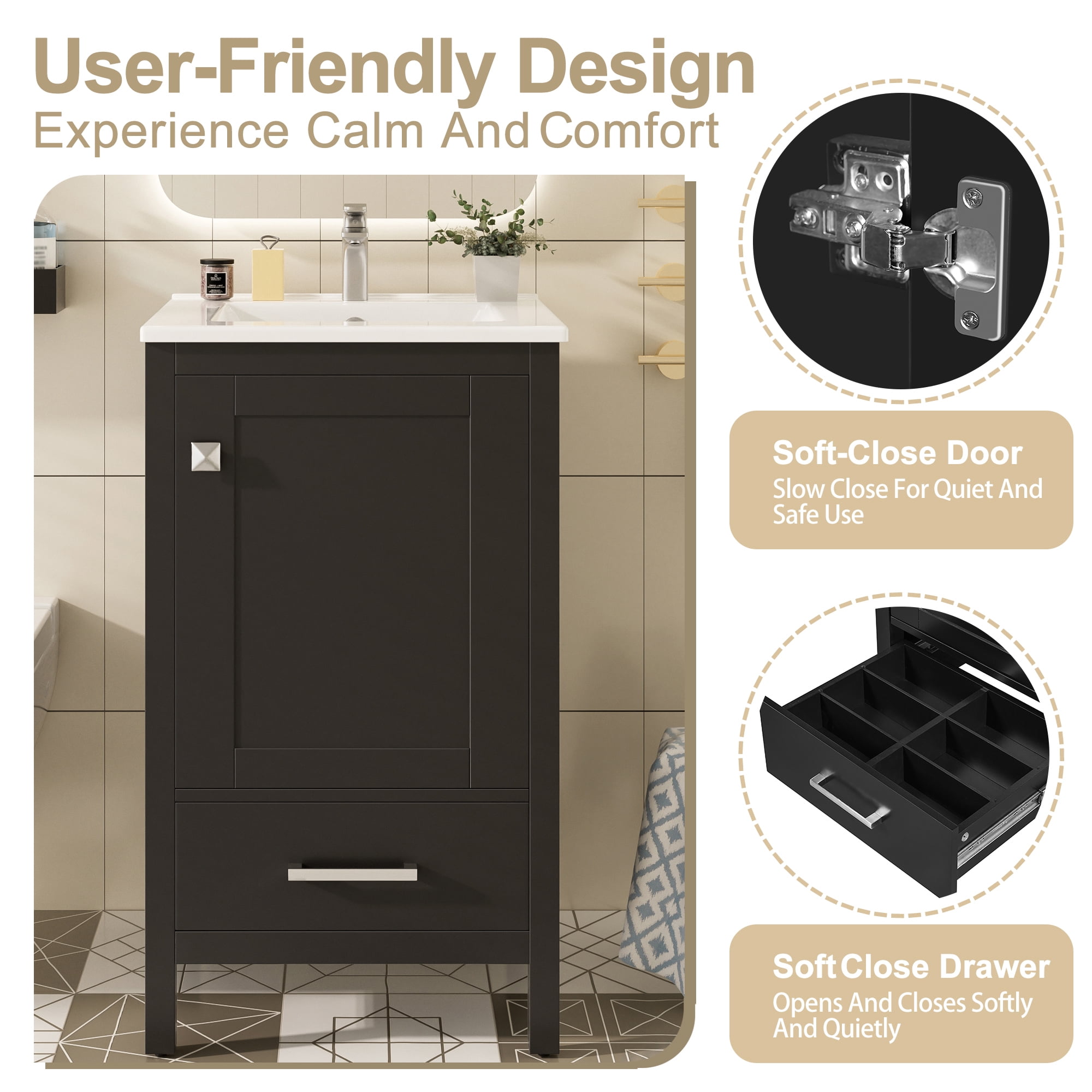 Euroco 20-Inch Modern Bathroom Vanity with Ceramic Sink, Soft-Close Drawer & Door, Double-Layer Door Organizer, Divider Drawer, Adjustable Foot Pads