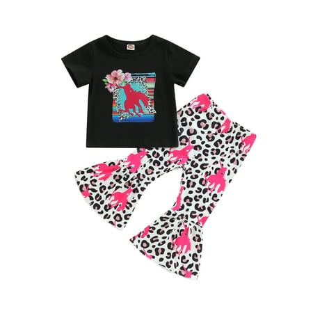 

IZhansean Toddler Baby Girl Western Clothes Short Sleeve Cow Print T-Shirts Tops High Waist Flared Pants 2Pcs Outfits Black 12-24 Months