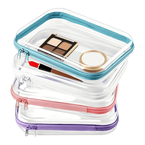Damkogic Clear Toiletry Bag 4 Pcs, Transparent Zipper Bags Travel Pouches, Multipurpose Storage Cases Makeup Organizers with Hard Zipper Case, 4 Colors (White/Pink/Blue/Purple) Small Set