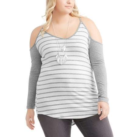 Poof! Juniors' Plus OPP Stripe Cold Shoulder Tee
