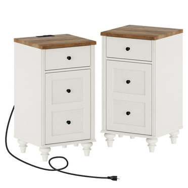 Set of 2 Nightstand with Charging Station, Bedside Table Built-in Outlets, Wood End Table with Drawer and Storage for Living Room, Bedroom,White/Oak