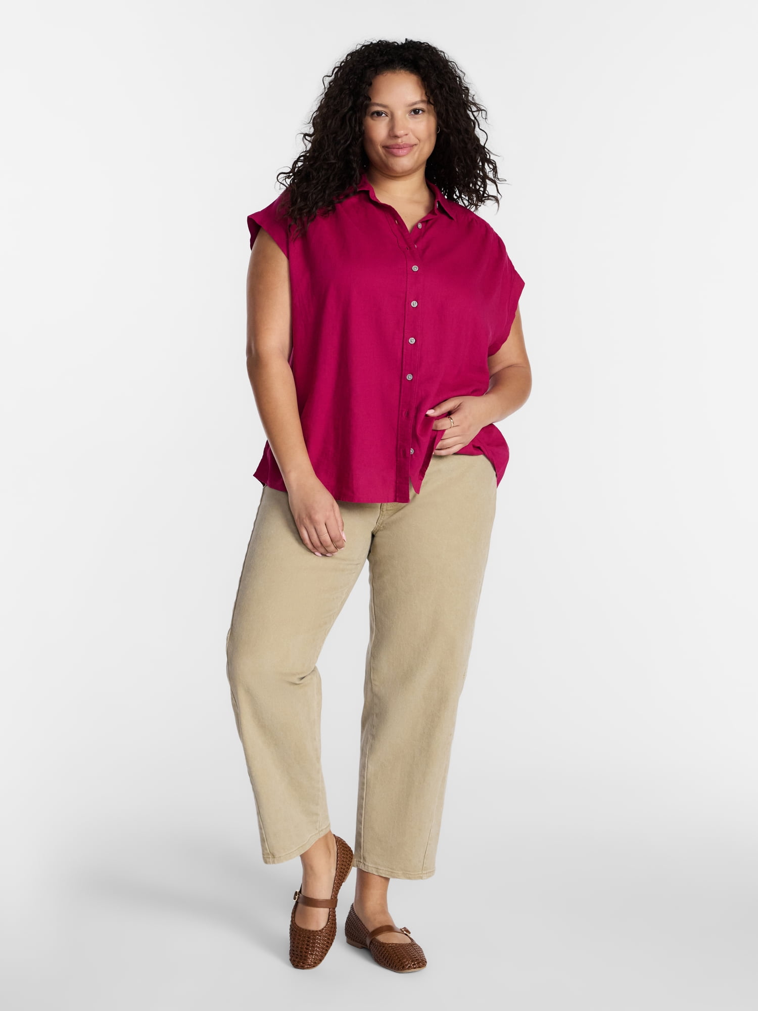 Terra & Sky Women's Plus Linen Camp Shirt, Sizes 0X-5X