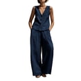 thumbnail image 2 of Womens 2 Piece Linen Set V-Neck Button Vest & High Waist Wide Leg Pants Casual Vacation Outfits Navy S, 2 of 5