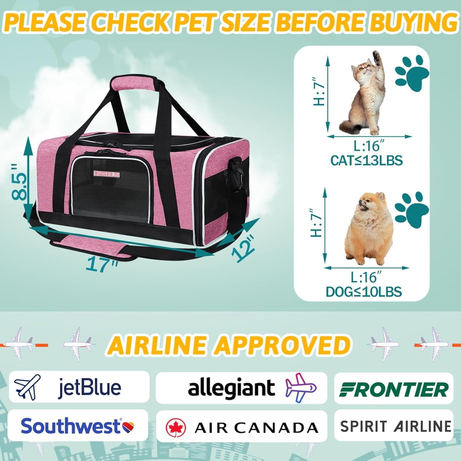 Pet Carrier 17x12x8.5 JetBlue Allegiant Airline Approved Pet Travel Carrier Bag for Small Cats and Dogs Soft Dog Carrier for 1 13 LBS Pets Dog Cat Carrier with Safety Lock Zipper Pink Walmart