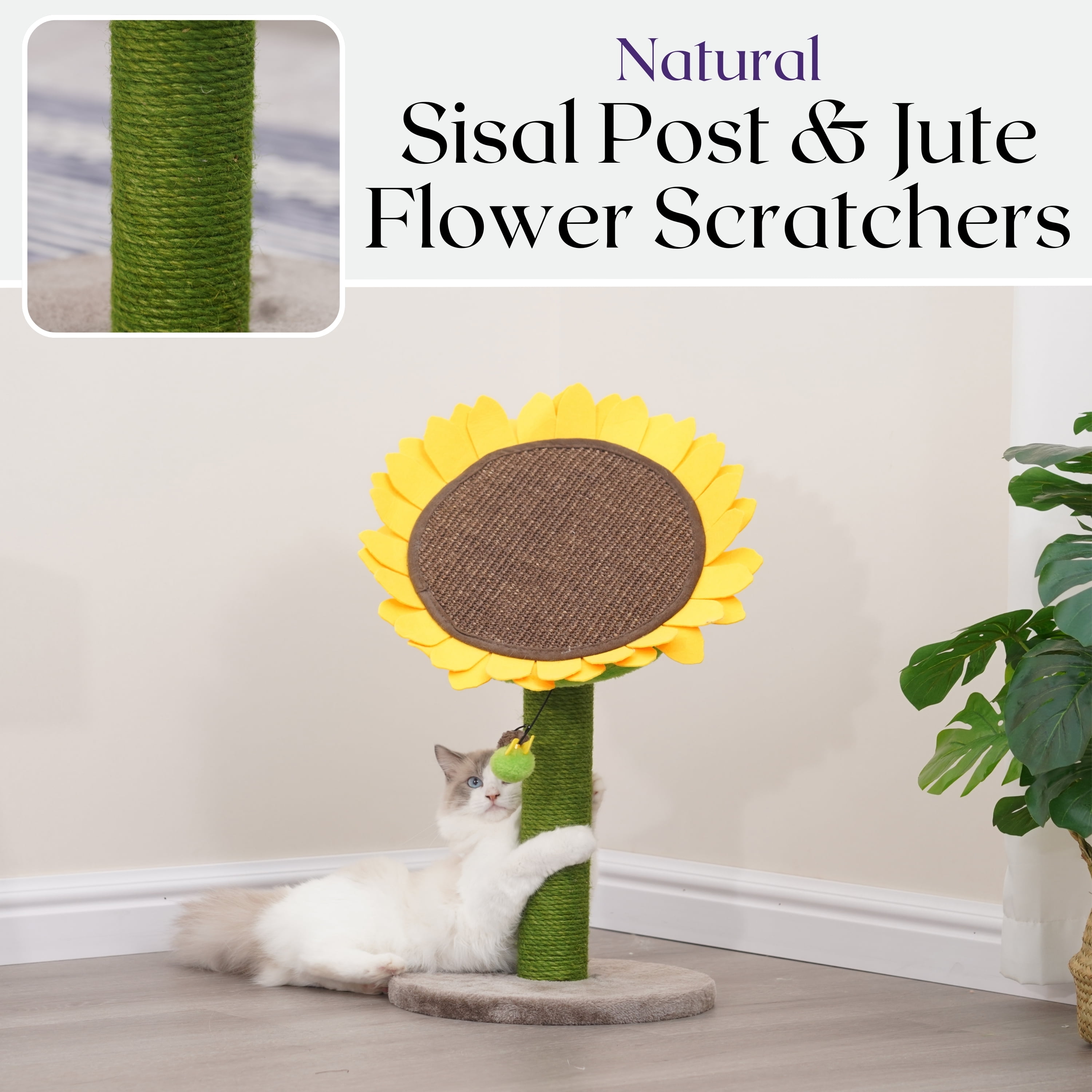 "Catry 24"" Sunflower Cat Sisal Scratching Post, Adjustable Flower Pad with Bee Toy, Plush Kitten Furniture"