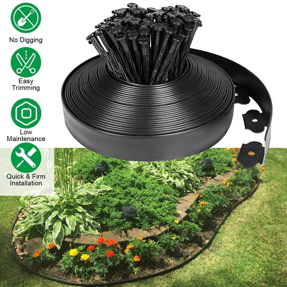 Imountek 32.8ft Non-Digging Plastic Garden Edging Kit, 2in Tall Landscape Border with 30 Spikes for Flower Beds Lawn Yard, Black