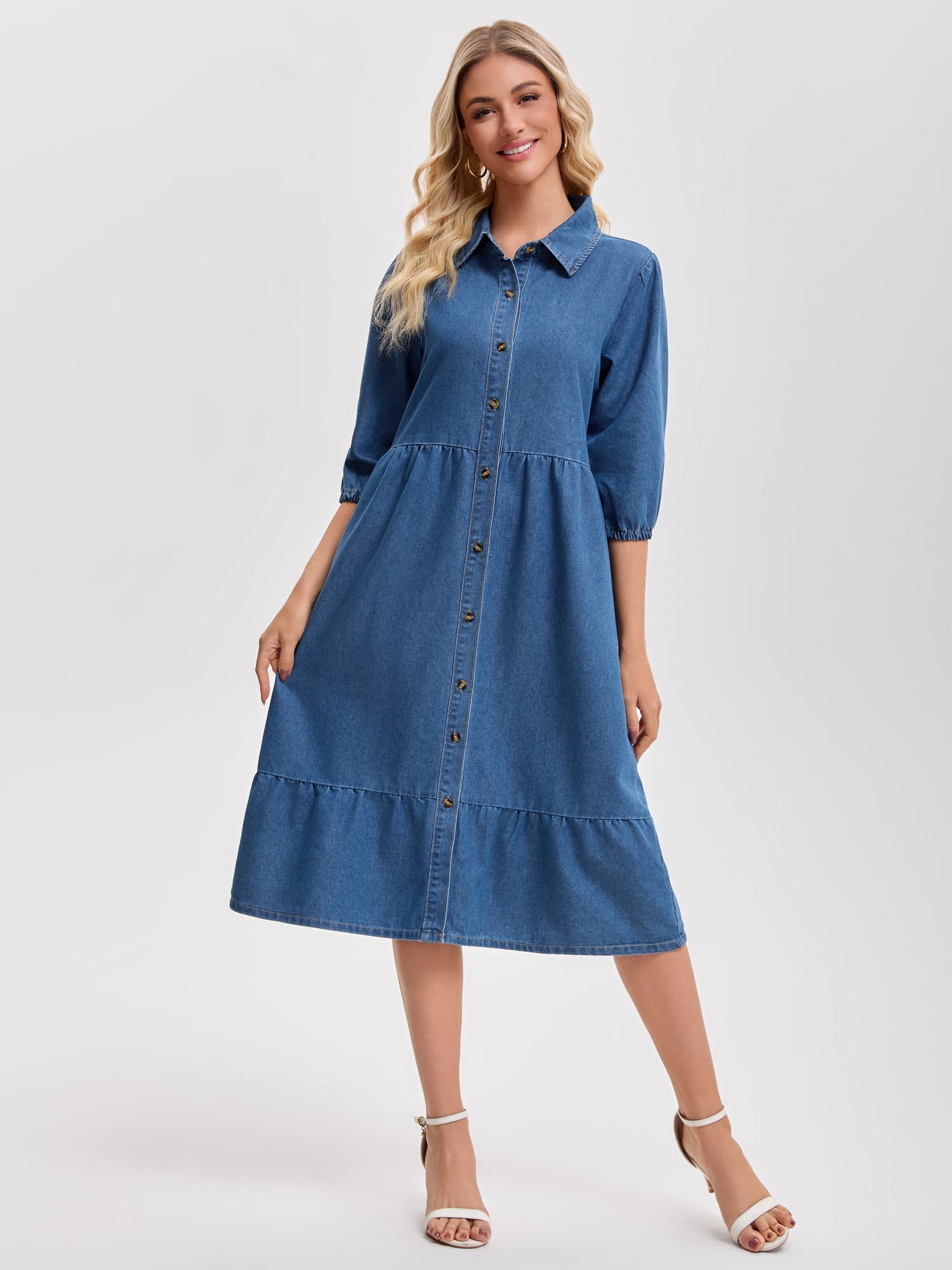DARING DIVA Women's 3/4 Sleeve Button Down Collar Swing Tiered Dress XL Blue