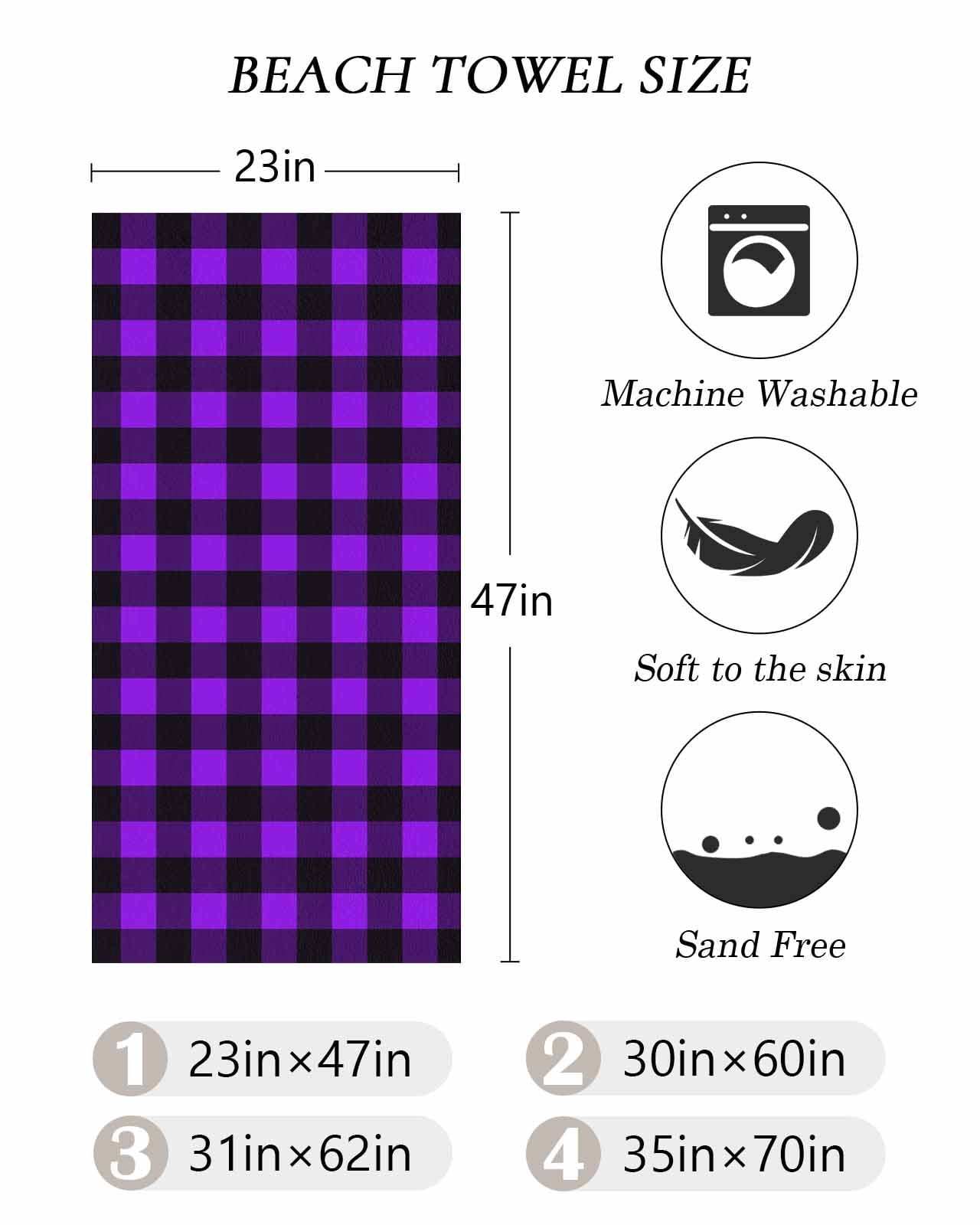 Black Purple Plaid Beach Towels Oversized Super Absorbent, Farmhouse Simple Buffalo Checked Lightweight Bath Towel Quick Dry Sets For Bathroom/Pool/Rv Camping/Beach Play/Gym Room/Picnic 31"x62"