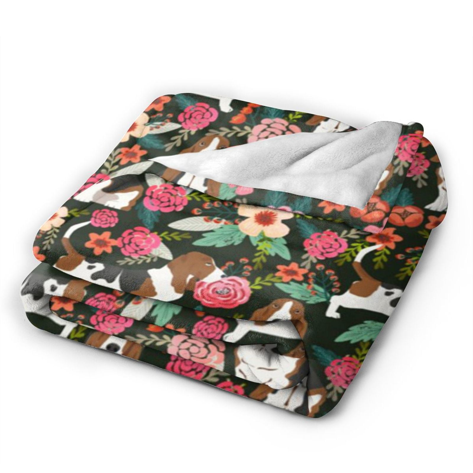 Wijzvio Basset Hound Dogs Lovers Flower Floral Throw Blanket Soft Fuzzy Fleece Blanket For Couch Bed Living Room Decoration 60"X50"