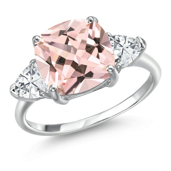Gem Stone King 5.86 Ct Cushion Peach Nano Morganite 10K White Gold Ring (Size 7)