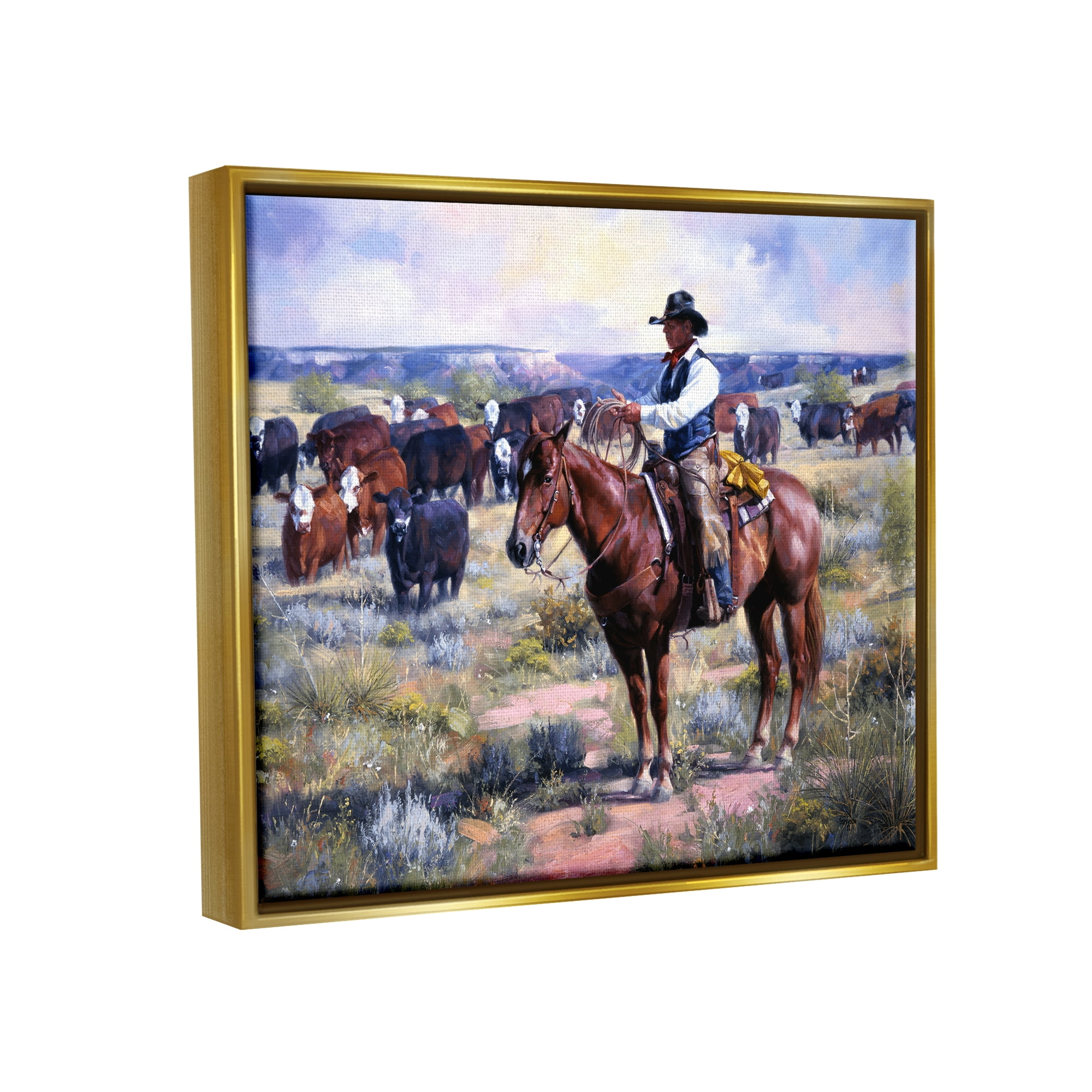 Stupell Industries Cowboy Herding Cattle Ranch Animals & Insects Painting Gold Floater Framed Art Print Wall Art, 21 x 17