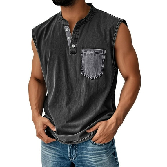 Yiaimeir Men's Sleeveless Denim Henley Tank Tops Casual Vintage Style With Pocket Comfortable Summer Tank Top,Size S-3XL