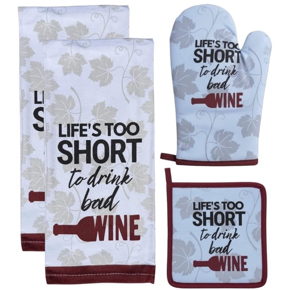 Life's Too Short to Drink Bad Wine Printed Kitchen Linen Sets Non-Slip, Heat Resistant Set of 4, Includes 2 Kitchen Towels, Potholder & Oven Mitt.