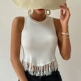 thumbnail image 2 of Blusa sin mangas con cuello redondo y empalme con borlas delanteras para mujer Blusa corta de color puro, 2 of 8