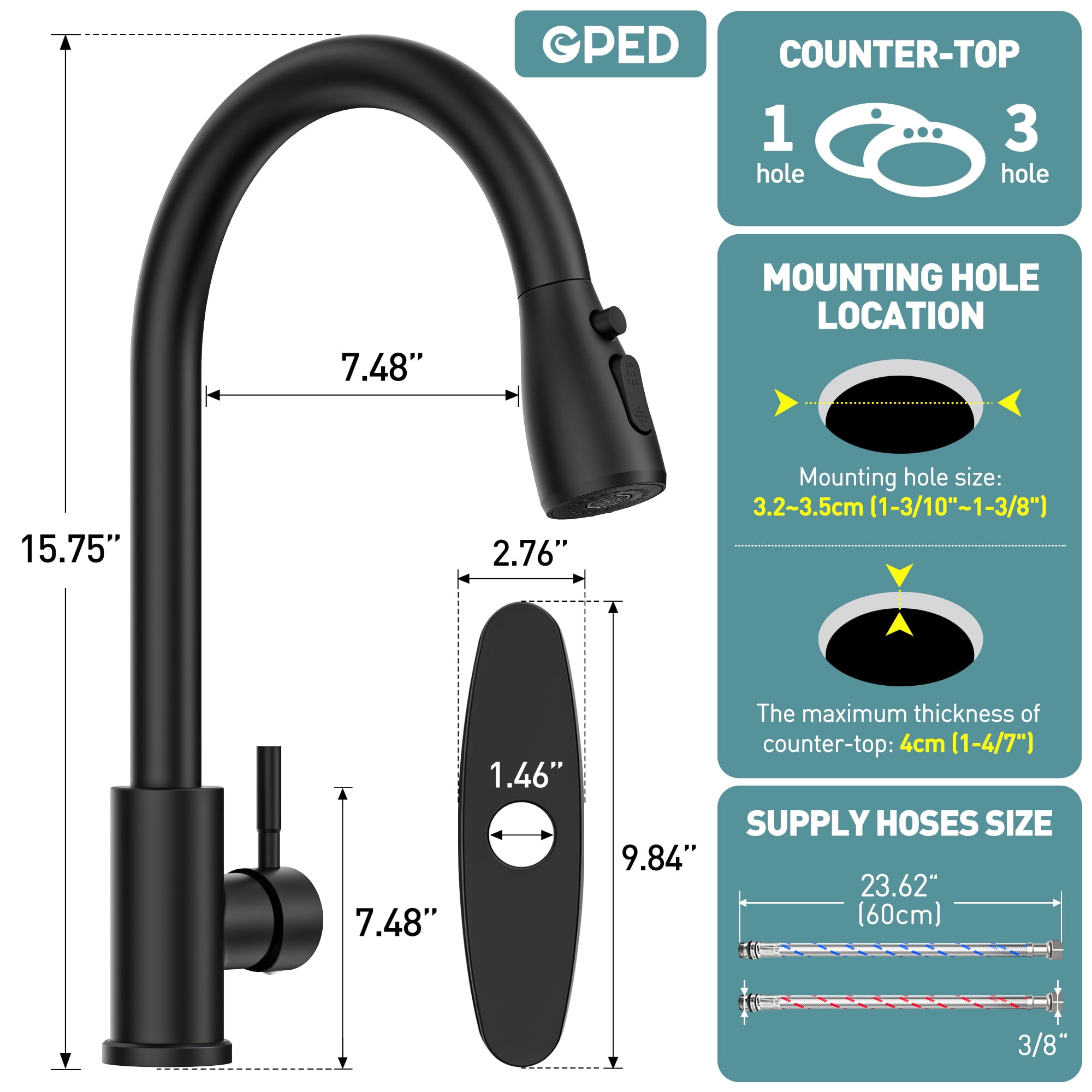 GPED Kitchen Faucet with Soap Dispenser, Kitchen Sink Faucet with Pull Down Sprayer & Deck Plate, 3 Modes & SUS304 Stainless Steel,High Arc Single Handle Kitchen Faucet w/ Water Lines,Matte Black