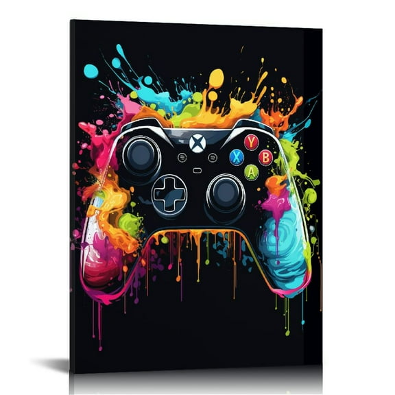 JEUXUS  Gamepad Graffiti Framed Canvas Wall Art , Gamer Room Wall Decor, Black Video Game Theme Wall Painting, Colorful Gaming Controller Art Prints for Living Room, Boys Bedroom, Playroom