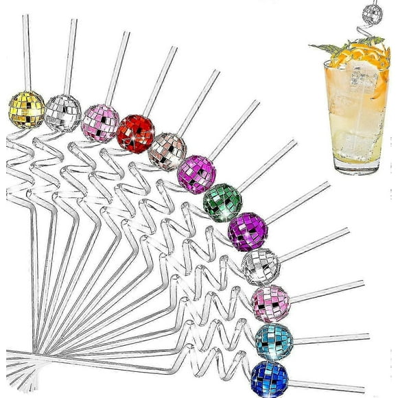 12pcs Mirror Disco Ball Straws, 10 Color Disco Ball Party Decorations, Plastic Mini Disco Balls Glitter Ball BaoPeng