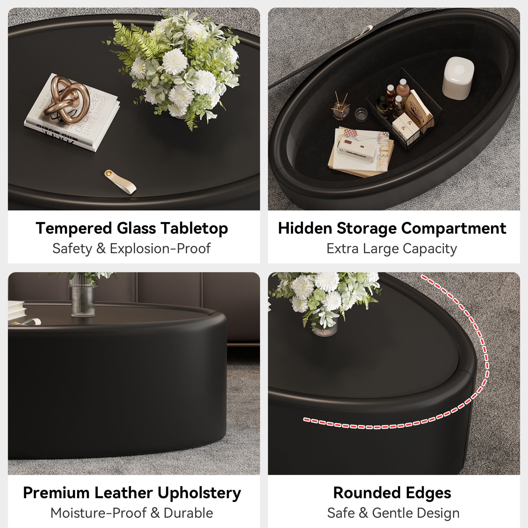 Noble House Morade 33.5" Fluted Oval Storage Coffee Table with Glass Top & Leather Wrapped for Living Room, Black