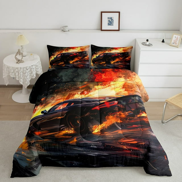 YST Extreme Sport Comforter Set Queen Speed Racer Bedding Sets,Racing Games Gamer Down Comforter Cool Sports Car Quilt Set Fire Flame Quilted Comforter Kids Boys Bedroom Decor,Soft 3pcs