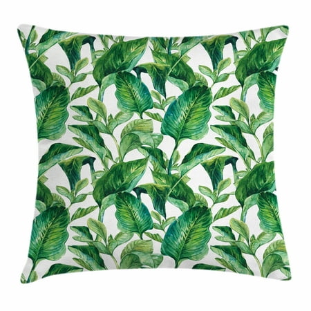 Plant Throw Pillow Cushion Cover, Equatorial Leaves in Hand Drawn Watercolor Style Artwork Botanical Petal Spring, Decorative Square Accent Pillow Case, 18 X 18 Inches, Green Jade Green, by