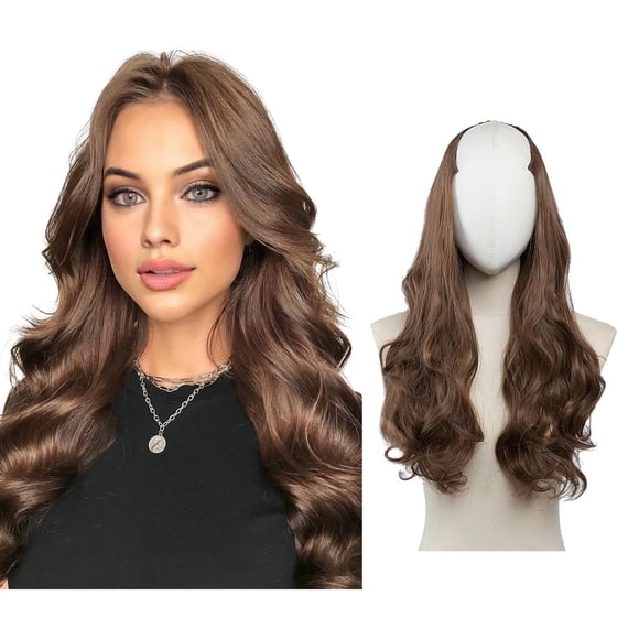 SARLA Clip in U Part Hair Extensions Synthetic Long Wavy Curly Thick Full Head Hairpiece for Women Medium Brown 24 Inch