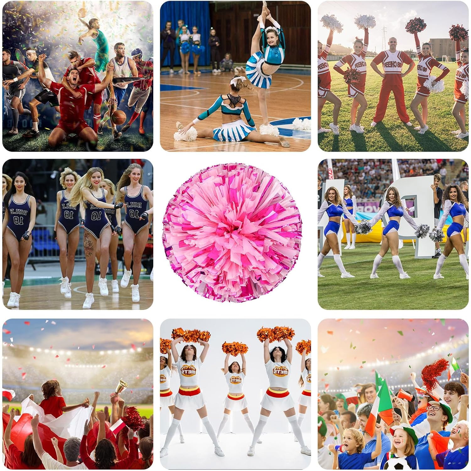 Cheerleader Pom Poms 12 Pack Sports Dance Cheering Plastic Metallic Cheerleading Pom Poms for Kids Adults-Ring Style