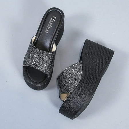 

Cathalem Warming Slippers for Women Wedge Casual Sequined Ladies Sandals Platform Mouth Fish Fashion Women s Bow Tie Slippers Grey 9