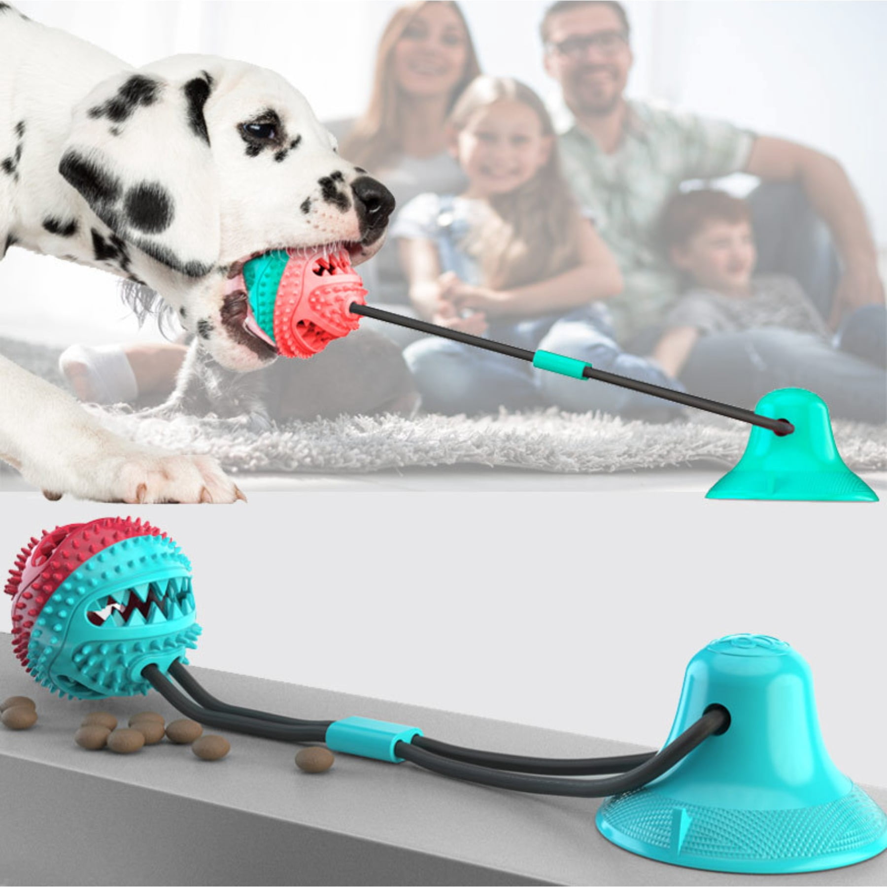 Durable Dog Chew Toy with Sound and Treat Dispenser for Aggressive Chewers Interactive Suction Cup Puppy Teething Ball