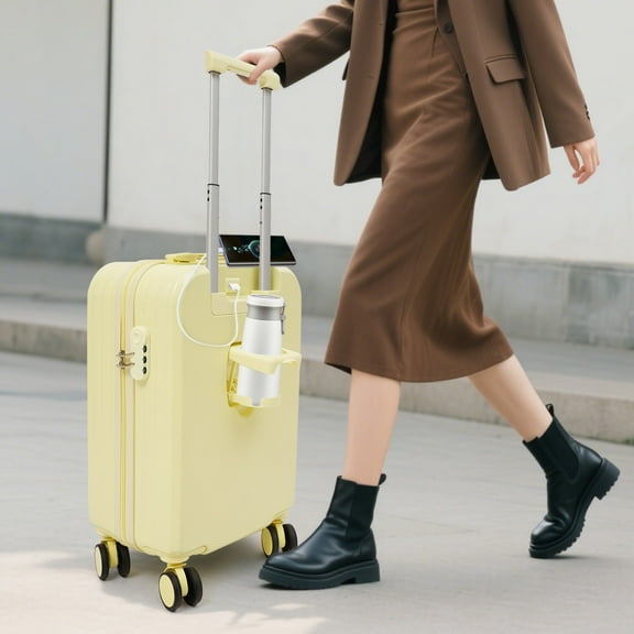 34*23*53cm Freestanding Rectangular Travel Luggage Suitcase Light Yellow Carry on Luggage with Cup Holder