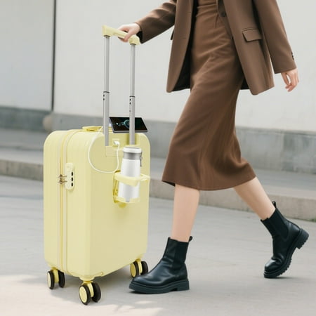 ChicHomey 20 Inch Carry On Luggage,ABS Hardside Suitcase, Boarding Box With Cup Holder Usb, Ideal for Travel, Light Yellow