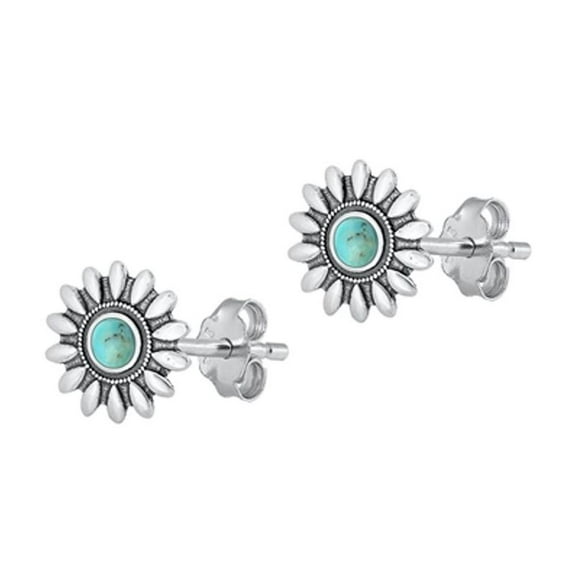Sterling Silver Oxidized High Polished Simulated Turquoise Flower Stud Earrings .925 New Jewelry Female