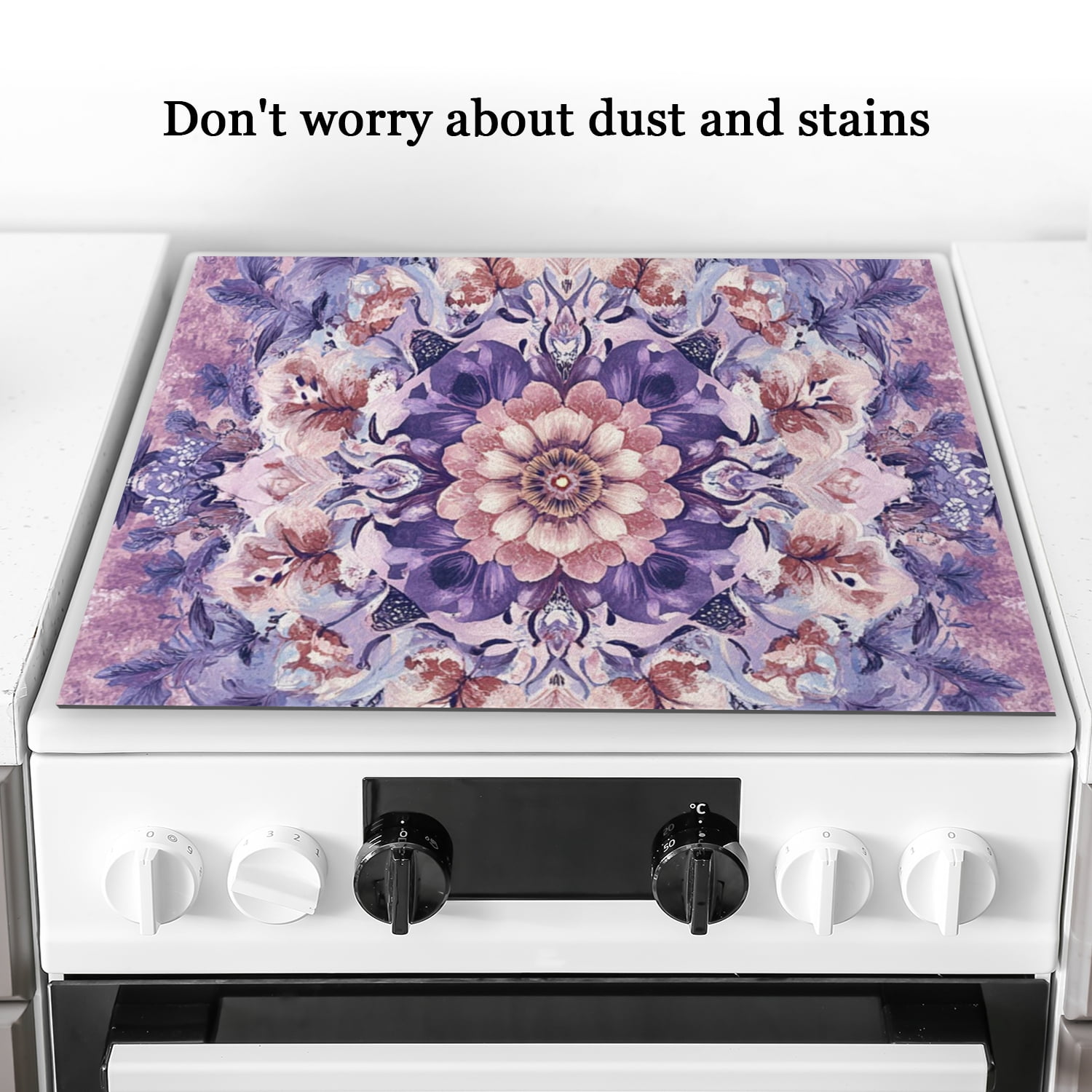 Square Flat Top Stove Covers for Electric Stove, Purple Floral Mandala Foldable Range Covers Mat, Oilproof Waterproof Dustproof Pad Kitchen Accessories for Kitchen RV (28×20 Inch)