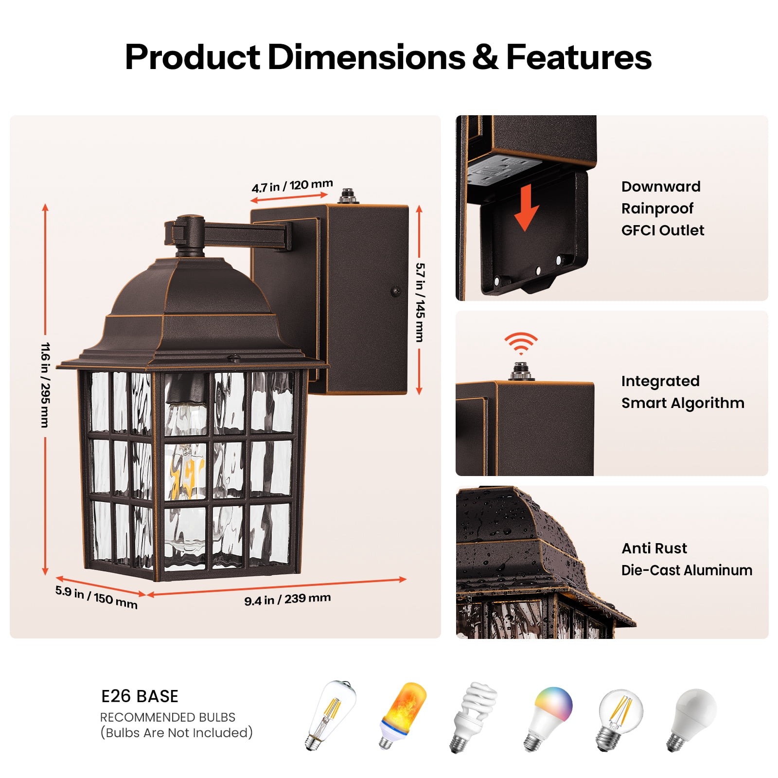 Gleamz Dusk to Dawn Outdoor Porch Light with GFCI Outlet, Farmhouse Oil Rubbed Bronze Gold Trim Outside Wall Sconce Lantern, Waterproof Exterior Garage Lighting Fixtures Wall Mount for House
